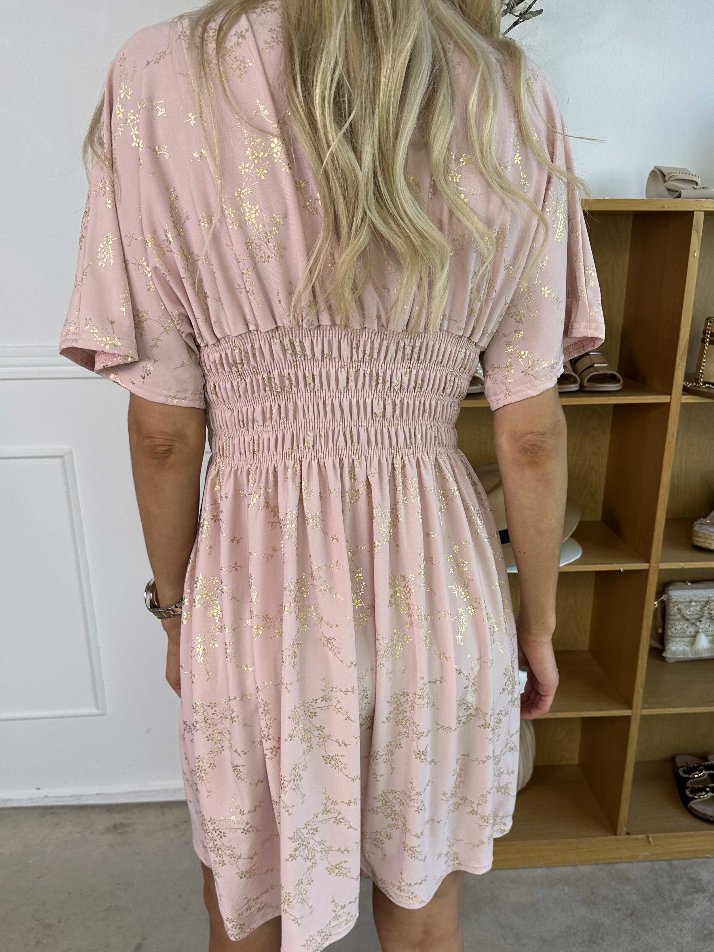 Pams Gold Short - Elastisk kjole detaljeret med guld blomster